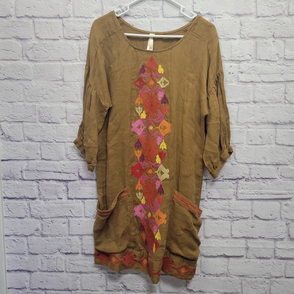 Uncle Frank Anthropologie Embroidered Boho Dress Size XS 100% Linen Pockets